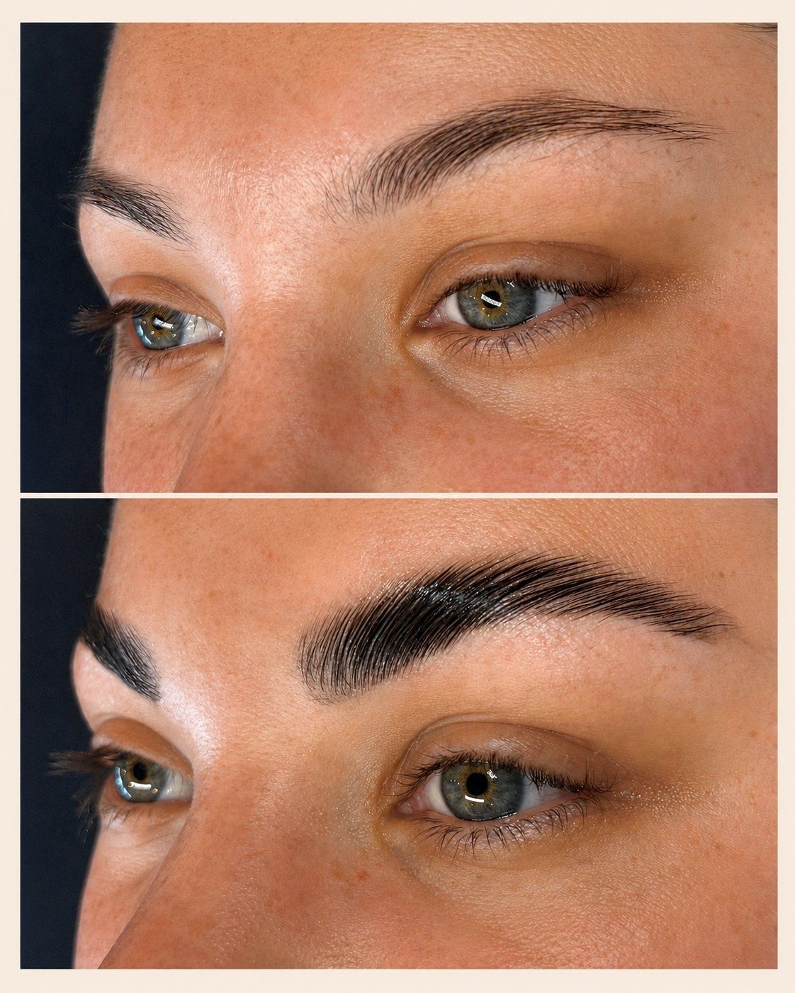 Brow Lamination voor en na — vollere, strak in model gebrachte wenkbrauwen