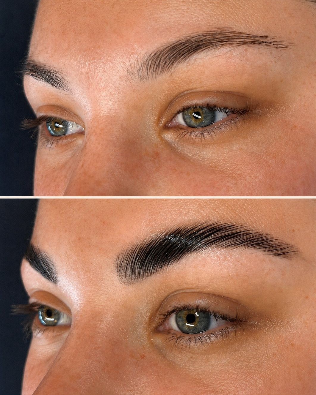 Brow lamination voor en na bij Lumé Beauté: vollere, strak in model gebrachte wenkbrauwen