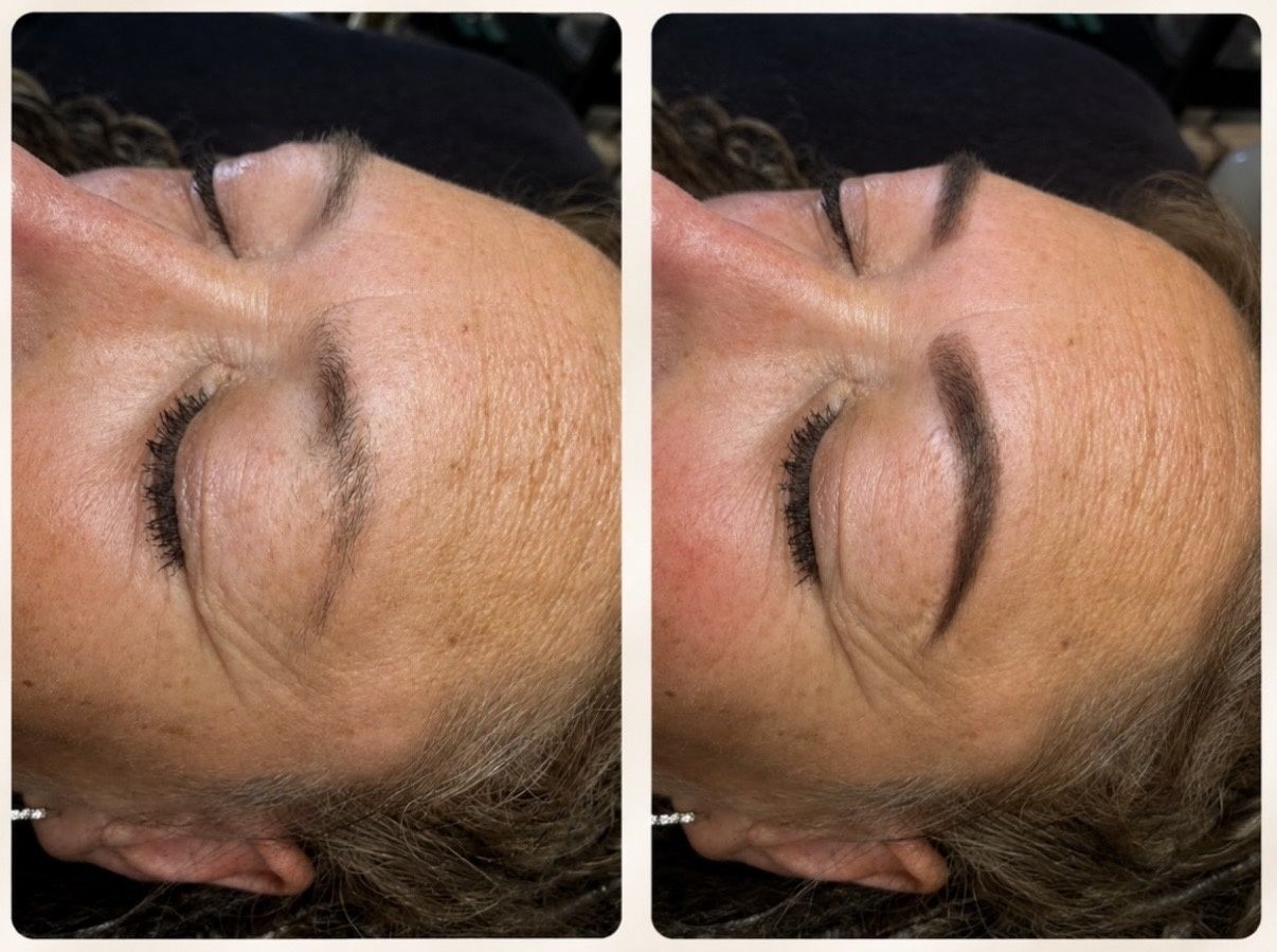 Brow Lamination voor en na — vollere, strak in model gebrachte wenkbrauwen